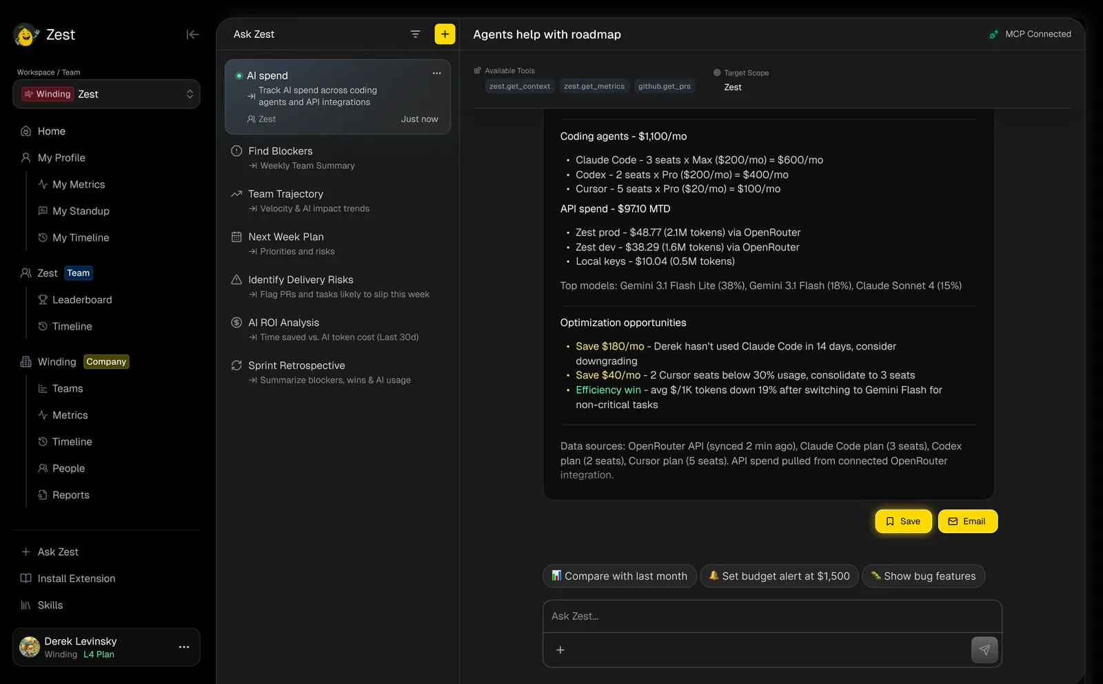 Ask Zest — roadmap and spend agent