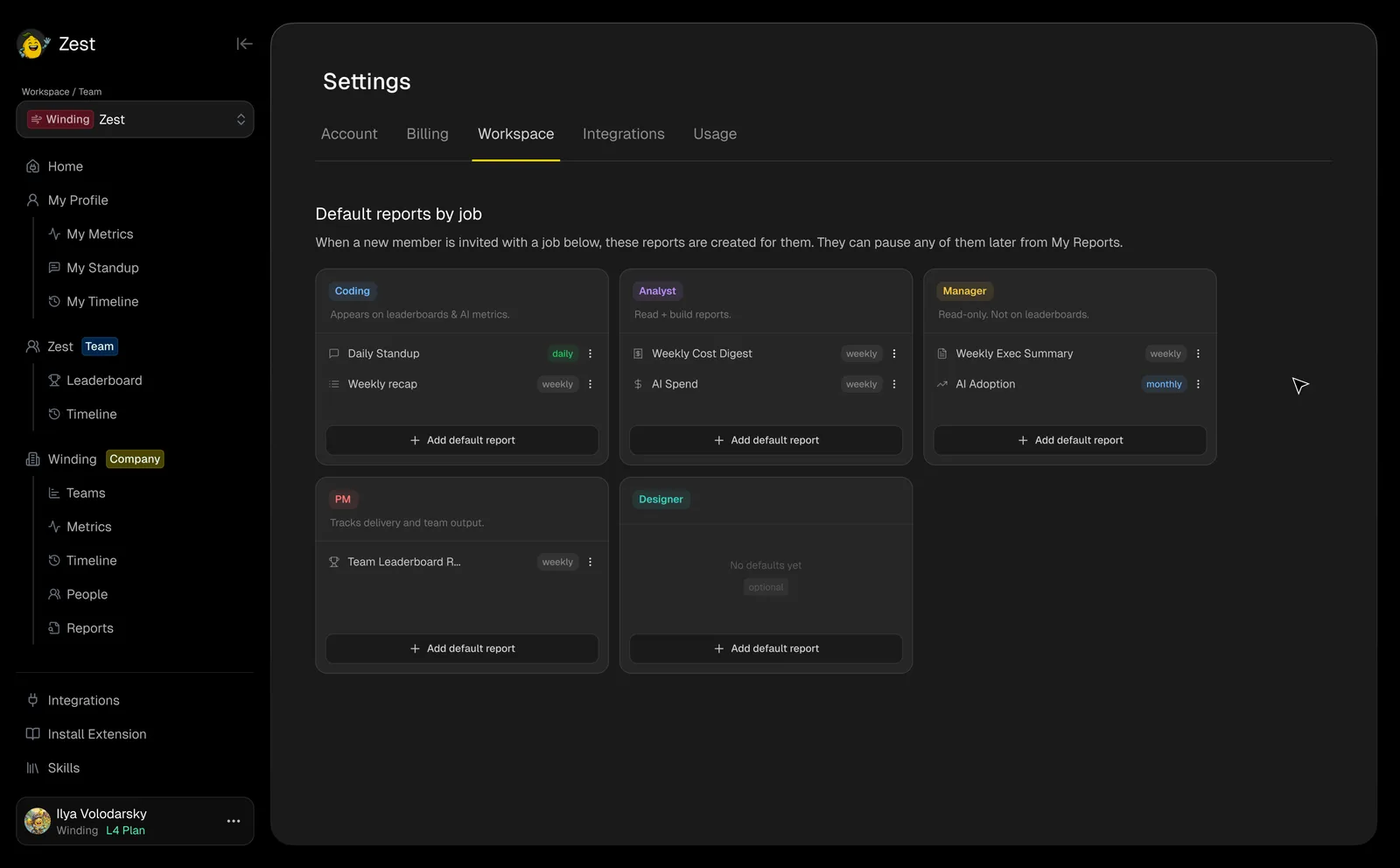 Settings — default reports by role