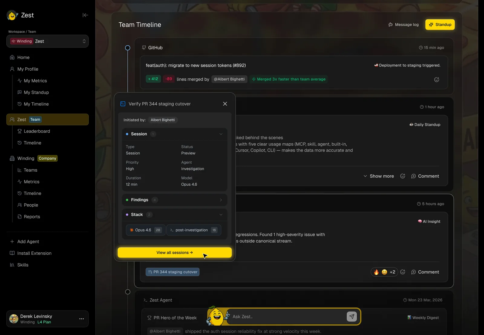 Team timeline with an agent session opened